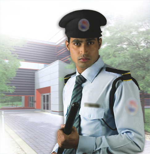 Professional security guard on duty at corporate office